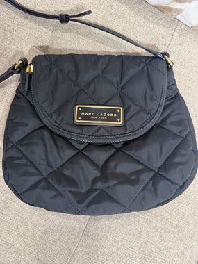 Marc Jacobs Black Quilted Nylon Crossbody with Gold Plaque